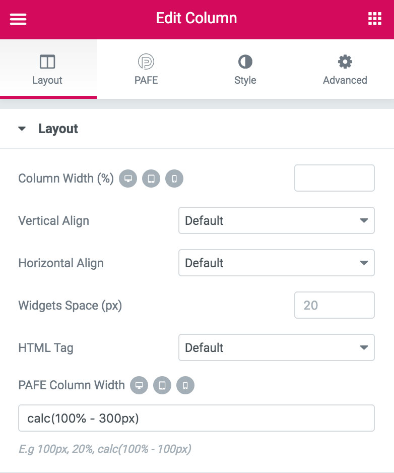 Column Width Pixel Calc Pafe