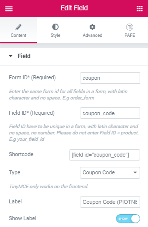 coupon code field setting in PAFE