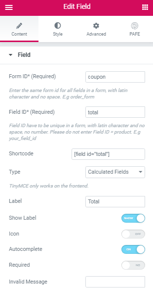 coupon code field setting in PAFE