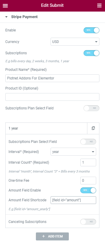 stripe payment piotnet for elementor